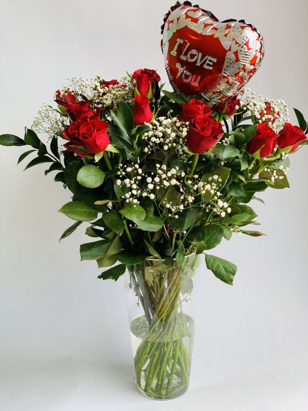 20 Red Roses with Greenery & Filler with Balloon in Glass Vase